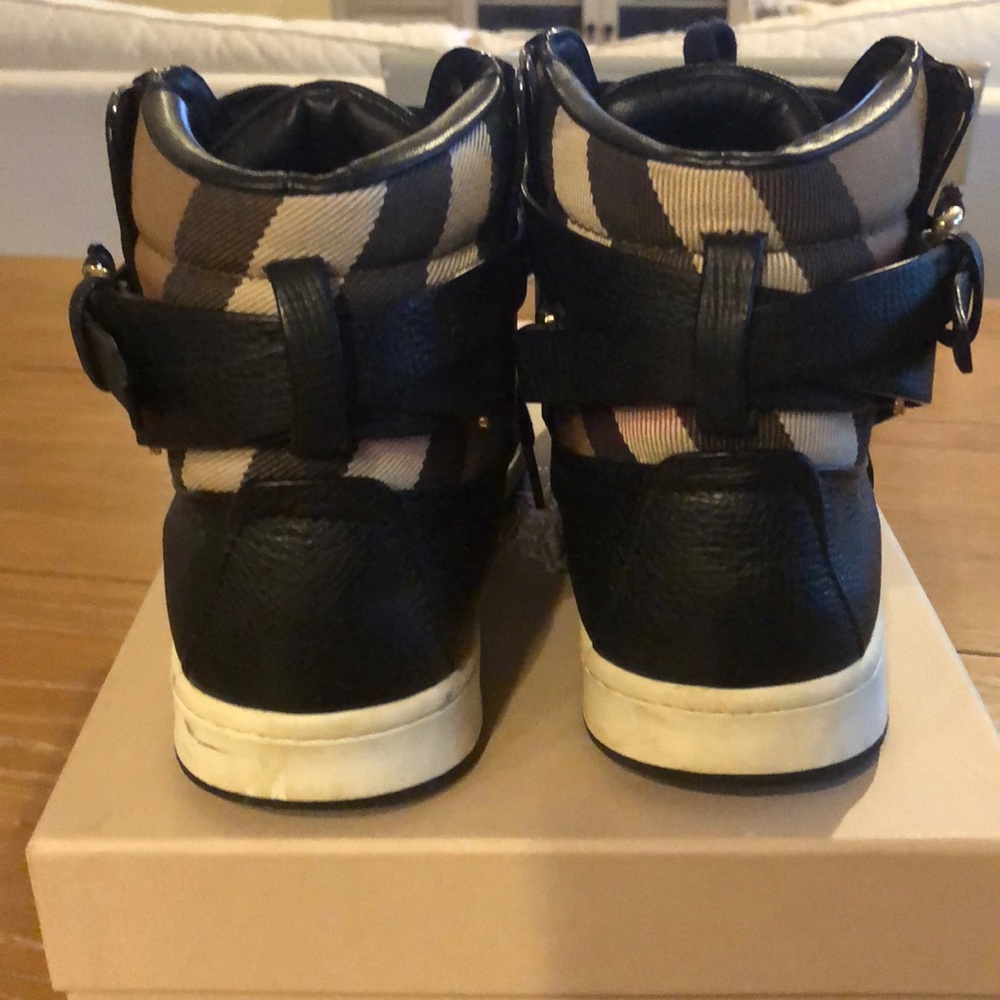 Burberry Black Leather & Beige Check High-Top Sneakers